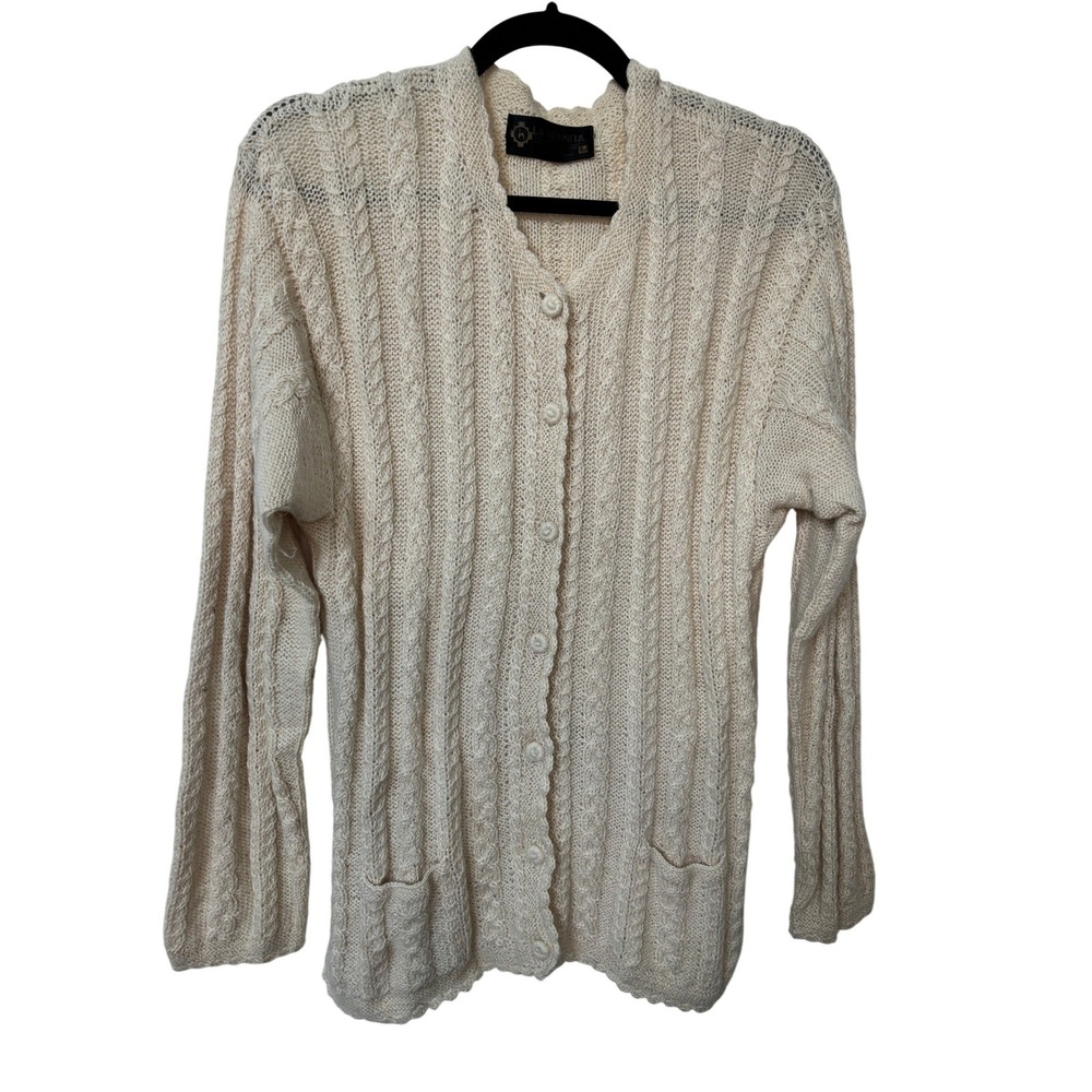 La Vicunita 100% Baby Alpaca Cable Knit Cardigan Cream Scalloped Trim Peru Large